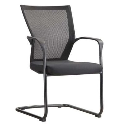 Kufen-Konferenzstuhl 1208, Rückenlehne aus schwarzem Netzgewebe, Sitz aus schwarzem Stoff