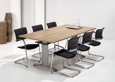 Height adjustable rectangular T-leg conference table Work 200x100cm wide deep top color Light Oak frame color Black (RAL9005)