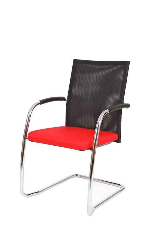 Chaise de conférence F260 structure luge avec dossier en résille noire et assise rouge