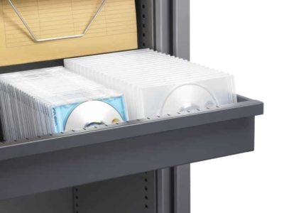 Pull-out storage drawer for Dutch roller door cabinet