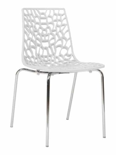Chaise design italien en plastique ajouré avec structure chromée.