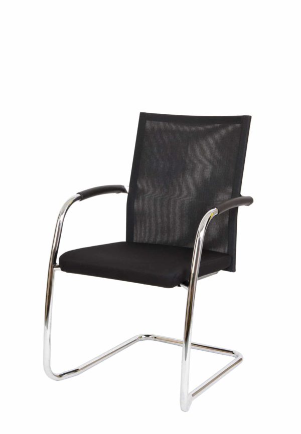 Konferenzstuhl F260 mit Kufengestell, schwarzer Netzrückenlehne und schwarzem Sitz