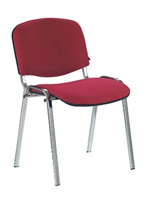 Besprechungsstuhl oder Konferenzstuhl mit einfachem Chromgestell ohne Armlehnen, bordeauxfarbener Stoff
