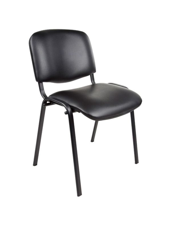 Besprechungsstuhl oder Konferenzstuhl, einfaches schwarzes Gestell ohne Armlehnen, schwarzes Kunstleder