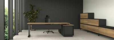 Cube electrically adjustable corner executive desk with chest of drawers, right corner version