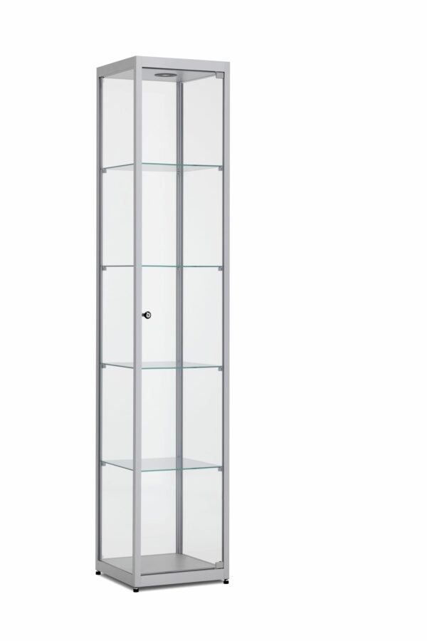Vitrine 198,4x50x50cm quadratisches Aluminiumprofil mit Glasplatte und Deckenbeleuchtung