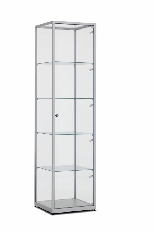 Vitrine 198,4x50x50cm profilé aluminium carré avec plateau en verre et éclairage latéral